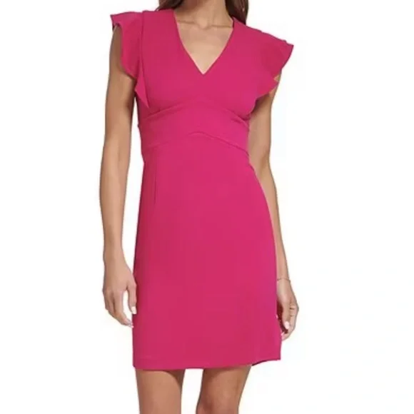 DKNY Women's Flutter Sleeve V-Neck Solid Sheath Dress, 14
